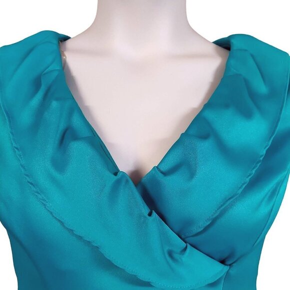 Evan-Picone Petite Green Satin Ruffle Neck Sleeveless Formal Sheath Dress - Picture 4 of 7